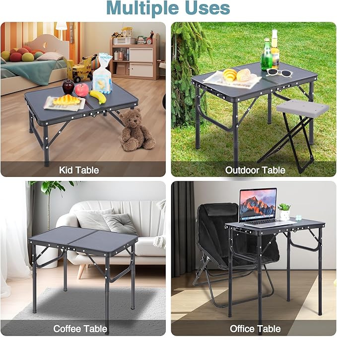 REDCAMP Small Camping Table 2ft, Portable Aluminum Folding Table Adjustable Height Lightweight for Picnic Beach Outdoor Indoor, Gray