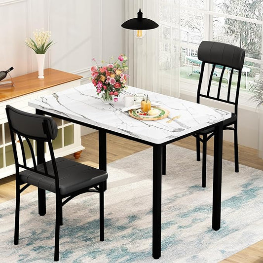 AWQM 3 Piece Dining Table Set for 2, Small Industrial Kitchen Table and 2 Chairs, Breakfast Dining Table Set, Kitchen Table Set for Dining Room, Living Room, Apartment, Small Space, White Black