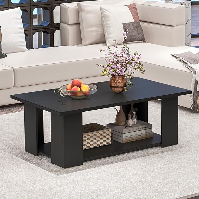 Giantex Rectangle Wood Center Table, 41" L 2-Tier Large Modern Tea Table w/Open Compartment, Easy Assembly, Accent Coffee Table for Living Room, Reception Room, Black