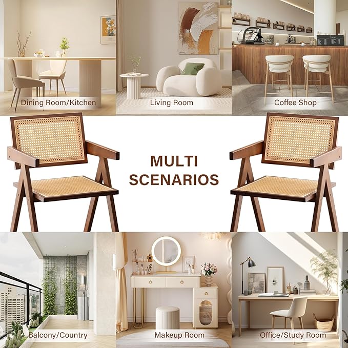 Rattan Accent Chairs, Modern Mid Century Dining Chairs Set of 2, Comfy Armchairs, Outdoor Rattan Chairs with Armrest for Bedroom Living Room Reading Room Dining Kitchen, Brown