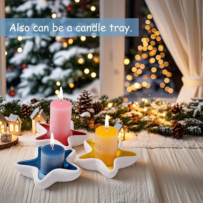 Ceramic Starfish Jewelry Tray, Blue Shell Trinket Dish Beach Gift for Women, Ocean-themed Ring Holder Candy Dish Decorative Tray for Earrings Necklaces Watch Key, Coastal Blue Room Decor