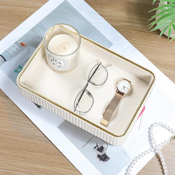 Desk Organizer Tray, PU Leather Valet Tray Nightstand Organizer Cologne Perfume Trays for Men Women, Decorative Vanity Trays Key Bowl Trinket Dish (Ivory, 10.3" x 6.7" x 2.2")