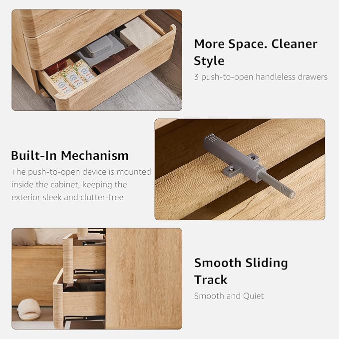 JXQTLINGMU 22" Modern Nightstand Set of 2 with Charging Station, Large Push-to-Open End Table, Wood Bedside Table, Curved Profile, Handleless 3 Drawer Night Stand for Bedroom, Living Room, Natural Oak