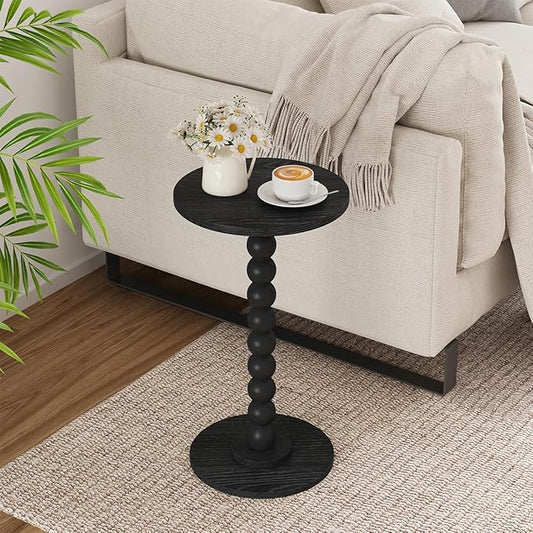 Round Side Table, Small Drink Table for Small Spaces, Pedestal End Table for Living Room, Modern Accent Nightstand with Solid Wood Leg for Bedroom, Corners and Office Black Color UTBT005B