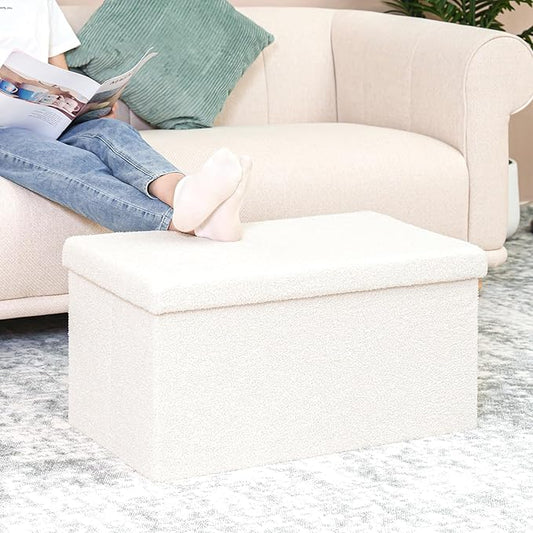 B FSOBEIIALEO Small Storage Ottoman Cube Sherpa Ottomans Foot Rest, Foldable Boucle Ottoman Bench, Faux Teddy Fur, Cream White 30"x15"x15"