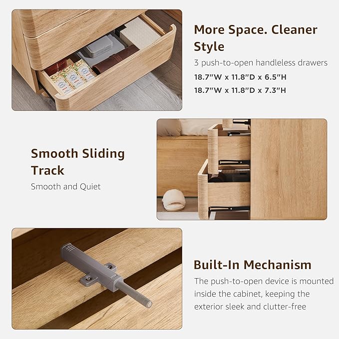 ACCOHOHO 22" Modern Nightstand Set of 2 with Charging Station, Push-to-Open 3 Drawers Bedside Table, Large End Table with Storage, Night Stand for Bedroom, Living Room, Curved Profile, Natural Oak