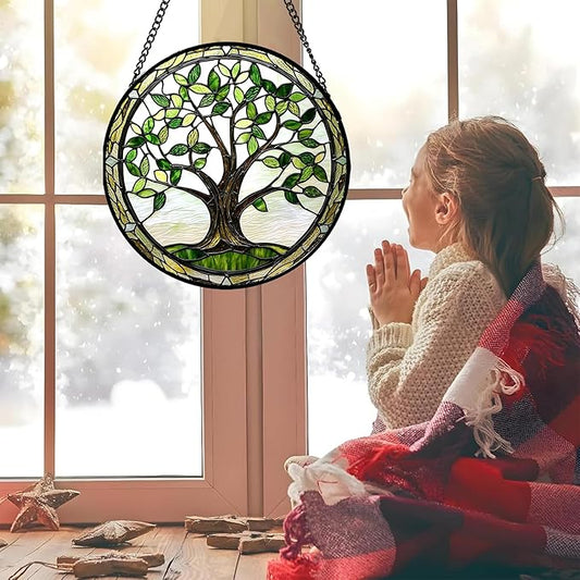 Stained Glass Window Hanging - Brown Tree Trunk Green Leaves Sun Catcher for Door Garden Home Decor Plant Suncatcher Christmas Mother's Day Birthday Gifts for Women Men Mom Nana 15 in