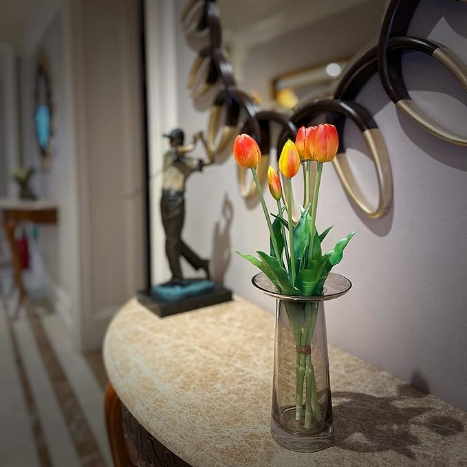 16-inch Premium Real Touch Fake Tulips Artificial Flowers with Buds, Flexible Stem Easy to Shape, Faux Tulips for Home Decor Indoor (Vase not Included), 10-Pack Set of Sunset Orange