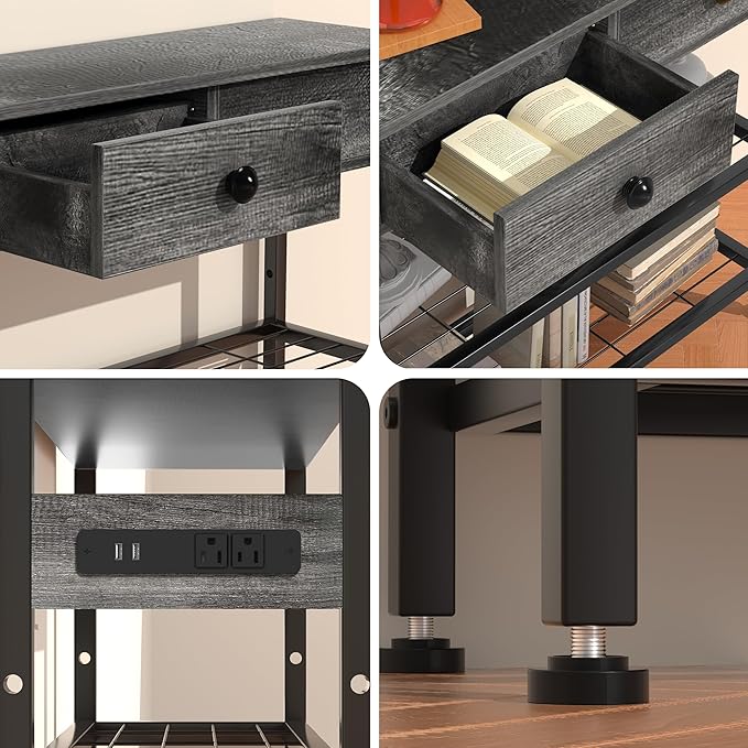 GRLEAF 47" Console Table with Outlets & USB Ports – Narrow Entryway Table with 3 Drawers and Storage Shelves, Power Strip Sofa Table for Living Room, Hallway, Kitchen, Foyer – Grey Wood Finish