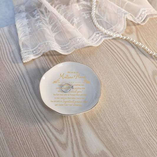 HOME SMILE Matron Of Honor Ring Dish - Will You Be My Matron Of Honor - Jewelry Trinket Dish Tray, Bridesmaid & Bridal Shower Gifts - Proposal Gift For Bestie, White Ceramic
