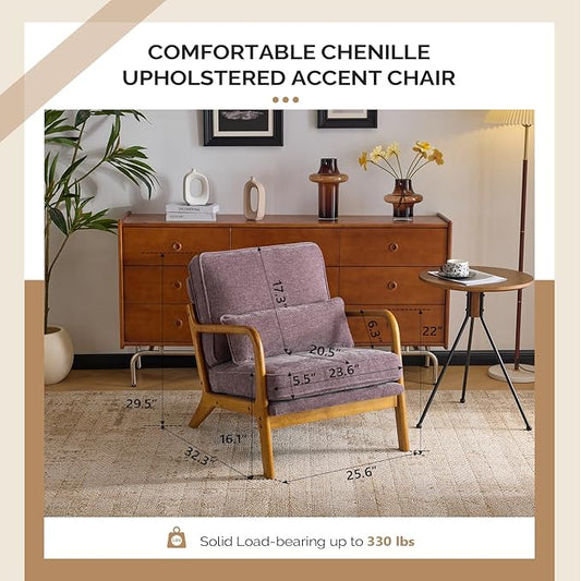 VINGLI Chenille Mid-Century Modern Accent Chair Set of 2, Cute Reading Arm Chair with Cushion & Lumbar Pillow & Solid Wood Frame for Lounge, Living Room, Reading Room, Bedroom, Light Purple
