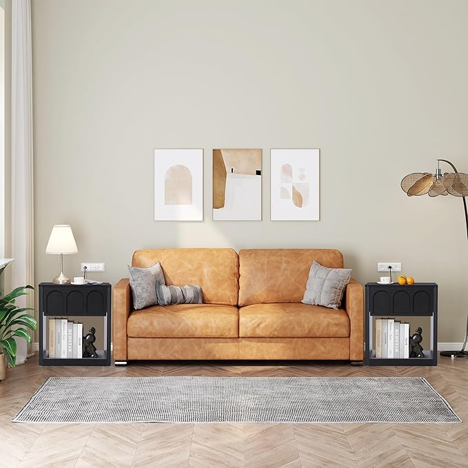 Nightstand Set of 2, 19.69" Wide Bedside Table with Arched Finish, Modern Night Stands with Curved Profile, Mid Century End Table for Bedroom Living Room (Black-2 Packs)