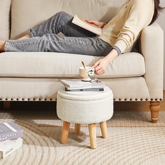 IBUYKE 13 Inch Foot Stool Ottoman with Storage, Round Small Foot Rest with Padded Seat and Wood Legs, Teddy Velvet Mini Footstool for Living Room Couch Bedroom Entryway, Cream WBD006W