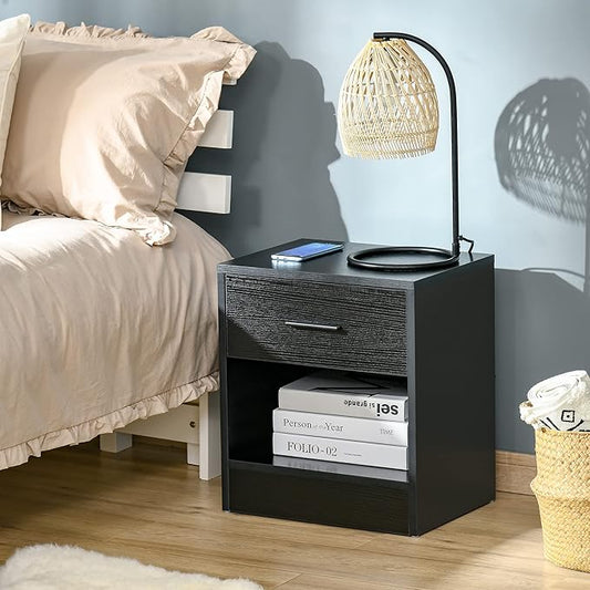 HOMCOM Modern Side Table, Accent Table with Drawer and Storage Shelf, End Table for Living Room, Black Wood Grain