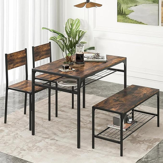 Tangkula Dining Table Set for 4, Kitchen Table and 2 Chairs for 4 with Bench, Additonal Storage Rack, 4 Piece Dining Table Set for Small Space, Apartment