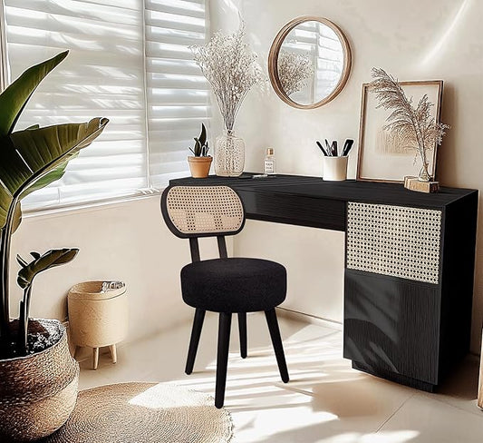 ZYBT Rattan Dining Chair, Boho Makeup Vanity Chair for Makeup Room, Mid Century Modern Boucle Chair, Black Cane Dining Chairs, Upholstered Wood Accent Chair, Cute Sherpa Chair with Back, 1 Pc