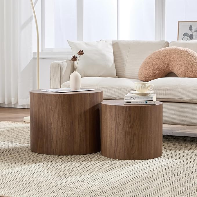 Round Coffee Tables Side Table Set of 2, Wood Nesting End Table for Living Room Balcony Office, Walnut Wooden Color, No Assembling