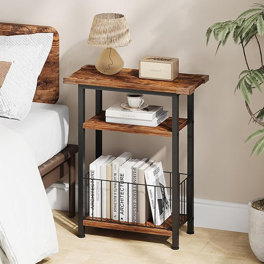 Heybly Small Narrow Side Table for Small Space, Thin Bedside Table with Storage Basket, Skinny End Table, 25.2" Tall Nightstand, Couch Table for Living Room, Bedroom, Study, Rustic Brown, HET004SR1