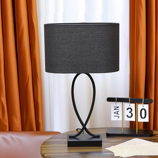 Modern Eye Protection Bedside Table Lamp, 11 x 7 x 19 Inch Farmhouse Table Lamps, Black Metal Base Table Lamp for Bedrooms and Office (Black Fabric Lampshade)