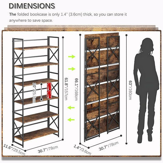 4NM Extra Wide 6 Tiers No Assembly Book Shelves, 61.8" H Folding Bookshelf Bookcase Open Industrial Foldable Shelves for Bedroom, Living Room, Home Office - Rustic Brown Black