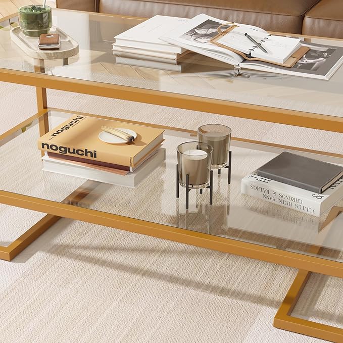 Coffee Table, 2 Tier Tempered Glass Coffee Table, Rectangle Modern Center Table with Metal Frame, Glass Accent Table Open Storage Shelf for Living Room, Office, Golden