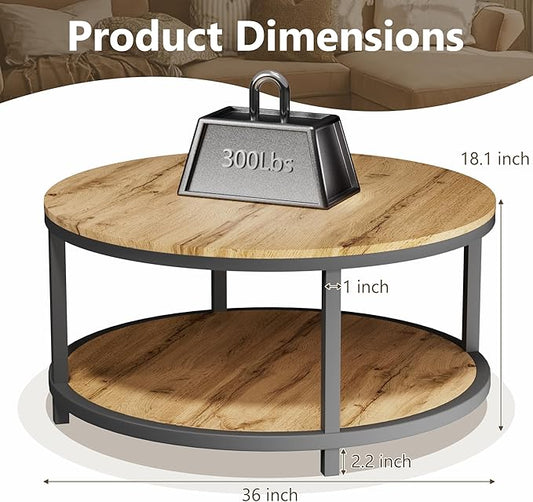 NSdirect Round Coffee Table, 36in Rustic Wooden Surface Top & Sturdy Metal Legs Industrial Sofa Table for Living Room Modern Design Home Furniture with Storage Open Shelf (Natural Walnut)