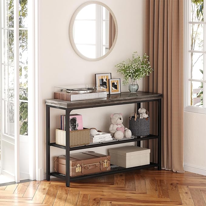 47" Console Table, 3-Tier Entryway Table, Sofa Table with Mesh Shelves, Console Tables for Living Room, Bedroom, Hallway, Entryway, Foyer, Grey