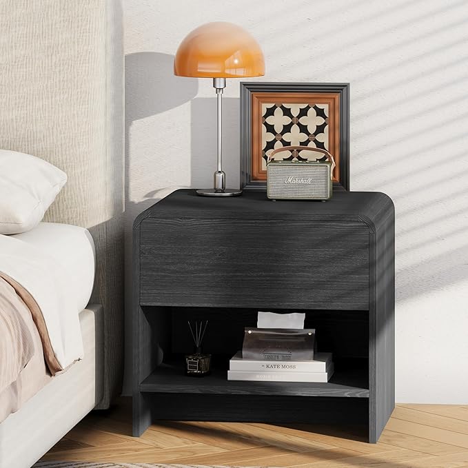 Nightstand with Drawer and Open Shelf, Wood Bedside Table Farmhouse End Table for Bedroom, Boho Night Stand Small Sofa Side Table for Living Room, Black