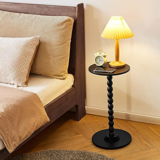 Round Side Table, Solid Wood Drink Table, Modern Minimalist Bedside Table, Living Room Sofa End Table, Bedroom Small Corner Table for Small Spaces Black YD-RST001B
