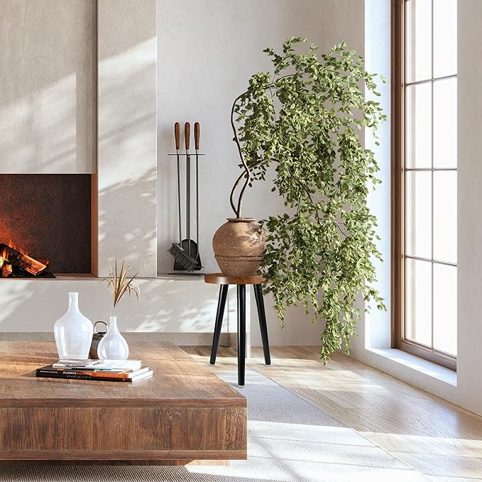 Indoor Plant Stand,Wood Mid Century Plant Table in Walnut Finish,Tall Plant Stand for Flower Pot,Modern Round Small Side End Table with Raised Design (Walnut, 12"x18")