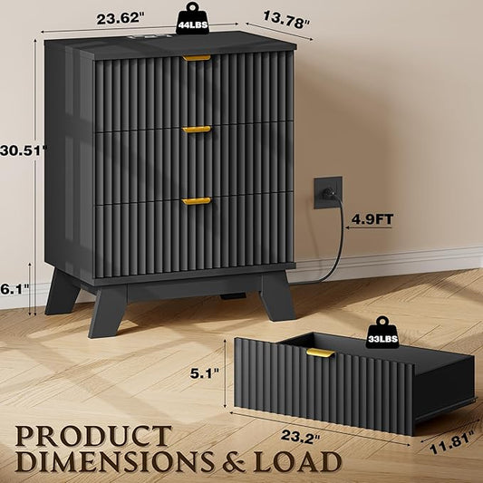 30.5" Nightstand with Charging Station, 3-Drawer Fluted Bedroom Chest, Wood Bedside Dresser with Power Outlets and USB Ports, Metal Slides, Stable Base, Modern Storage Cabinet for Small Spaces