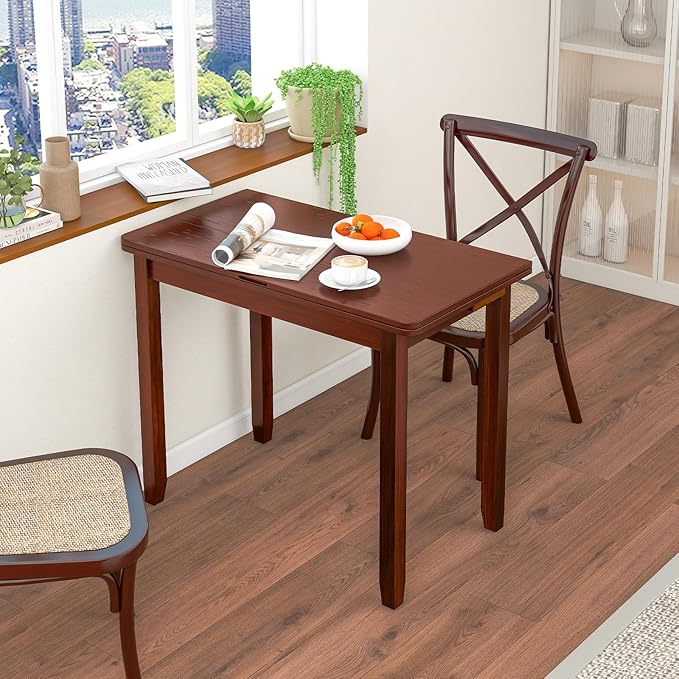 GOFLAME Extendable Dining Table for 4, Folding Kitchen Table with Storage Compartment & Rubber Wood Legs, Space-Saving Dinner Table for Living Room, Kitchen, Dining Room, Small Space, Cherry Brown