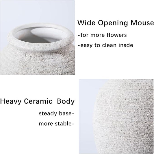 8 Inch White Ceramic Vase - Rustic Vintage Decorative Vase for Home - Farmhouse Pottery Vase for Flowers - Modern Vintage Dining Table Centerpiece, Lyeec Vases Set