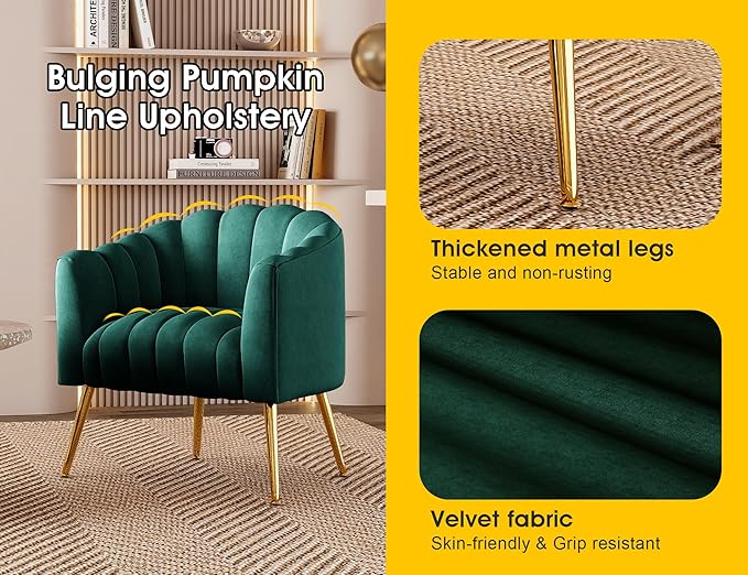 Oversized Pumpkin Couch Accent Chair, Modern Comfy Velvet Upholstered Barrel Chairs, Luxury Single Sofa Armchair for Living Room, Waiting Room, Office and Vanity, (Green)