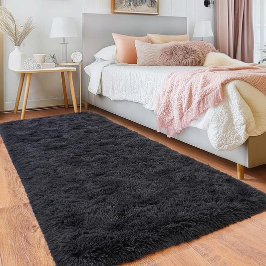 Runner Rugs for Bedroom, 2x6 Fluffy Throw Area Rug Non Slip for Bedside Dorm Hallways, Long Soft Shag Carpet for Nursery Living Room, Charcoal Gray