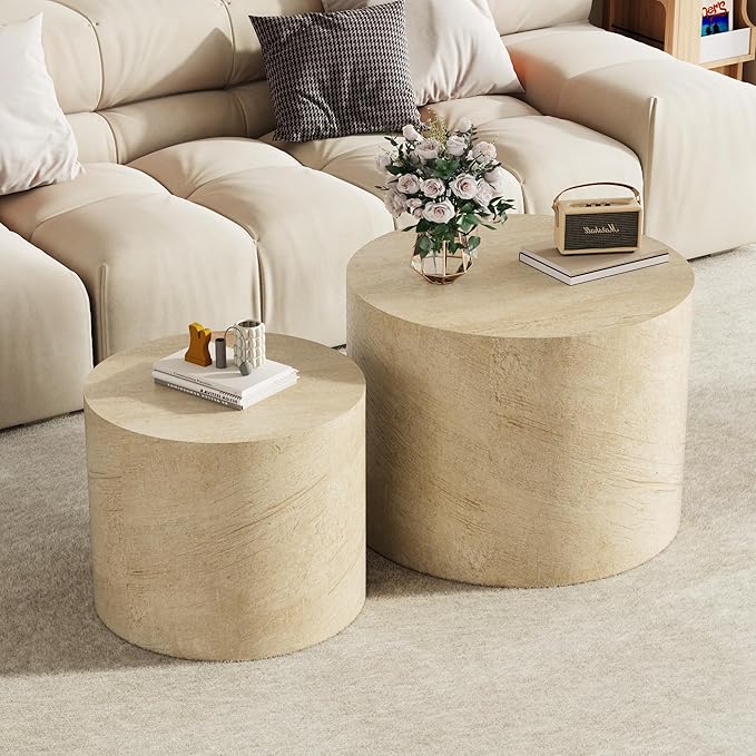 Nesting Coffee Table Set of 2, Round Beige Nesting Table Modern Circle Coffee Tables Side End Tables for Small Spaces Living Room, Bedroom, Balcony, Office