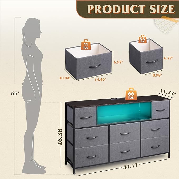WLIVE Grey Dresser TV Stand for 45, 50, 55 inch TV, Entertainment Center with LED Lights & Charging Station, Chest of Drawers with 8 Fabric Drawers and Open Storage Shelves for Living Room, Hallway