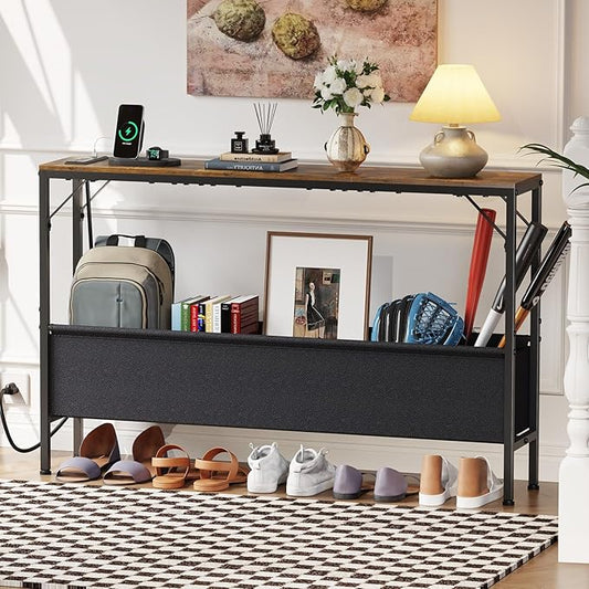 Console Table, Narrow Sofa Table, 47.2" Behind Couch Table with Power Station, Entrance Table, for Living Room, Hallway, Entryway, Foyer, Rustic Brown