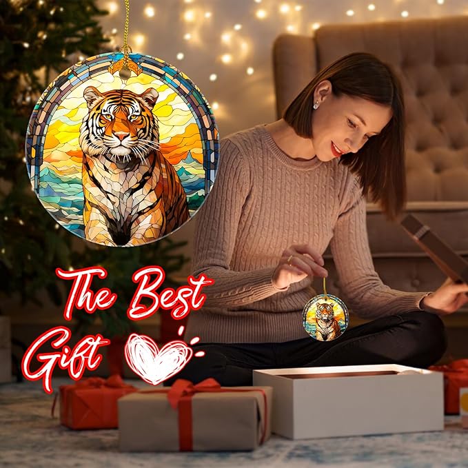 Christmas Tree Decorations Tiger Ornament, Colored Ceramic Christmas Tree Ornaments, Xmas Decorative Hanging Ornaments, Christmas Decor Indoor Home Holiday Party Gifts Tiger