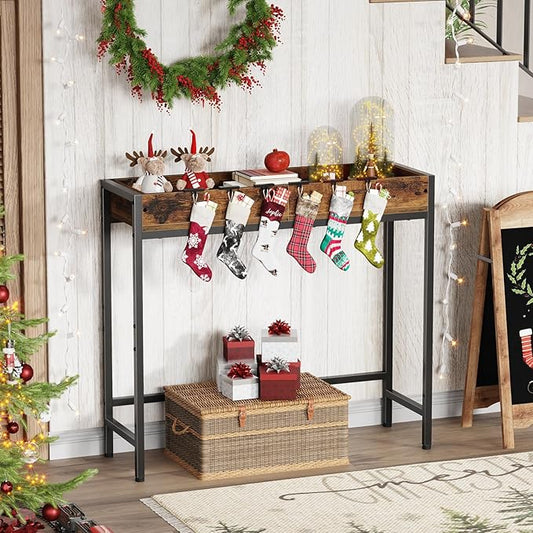 Narrow Console Table, 31.5" Entryway Table with Groove, Small Sofa Table for Hallway, Bedroom, Living Room, Foyer, Corridor, Office, Balcony, Rustic Brown