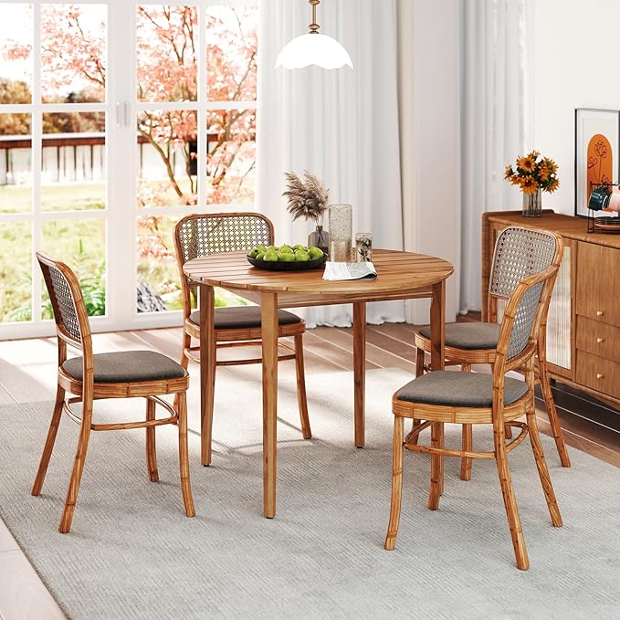 Tangkula Round Outdoor Dining Table for 4 People, 36 inch Acacia Wood Patio Table with Slatted Tabletop, Indoor Outdoor Farmhouse Bistro Table for Yard, Garden, Poolside, Deck