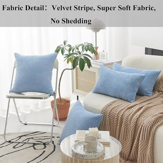 Home Brilliant Blue Throw Pillow Covers Striped Velvet Couch Pillow Cushion Covers Set of 2 Large Pillows Covers for Couch Bench Sofa Bedroom, 55 x 55cm, 22 x 22 Inch, Baby Boy Blue