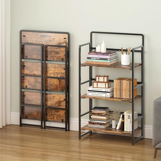 4NM No Assembly Folding Bookshelf, 3-Shelf 42.1" H Collapsible Foldable Bookcase Storage for Small Spaces, Rustic Brown and Black