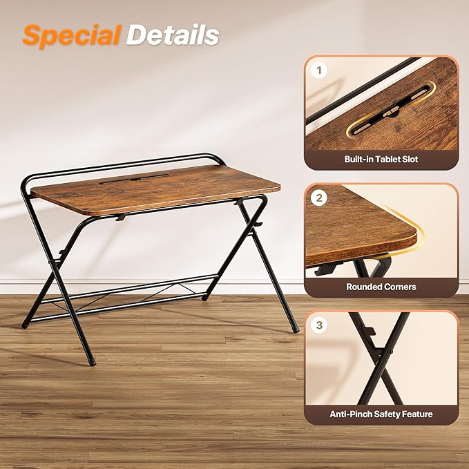 Huuger Folding Desk with 3-Level Adjustable Height and Tablet Slot, 32 Inch Foldable Computer Desk for Small Spaces, Space Saving, Writing Work Table for Home Office, Bedroom, Study, Rustic Brown