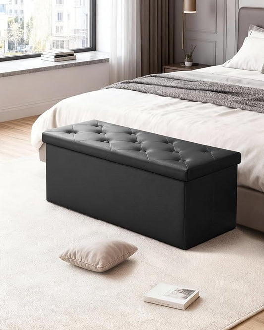 GLAXYFUR Storage Ottoman Bench, 43 Inches Folding Ottoman with 2 Dividers, PU Leather Foot Rest, End of Bed Bench, Storage Chest for Living Room, Bedroom and Entryway, Black