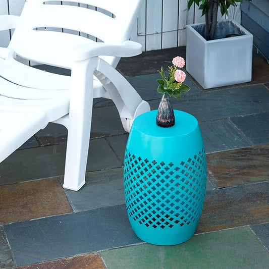 Outsunny 12.5" Steel Outdoor Side Table, Round Hollow Drum Patio End Table, Accent Table for Indoor and Outdoor, Blue