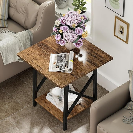 GreenForest End Table 24 inch for Living Room, Large Square Side Tables with X-Frame, Tall Industrial Bedside Nightstand with 2-Tier Storage, Rustic Walnut