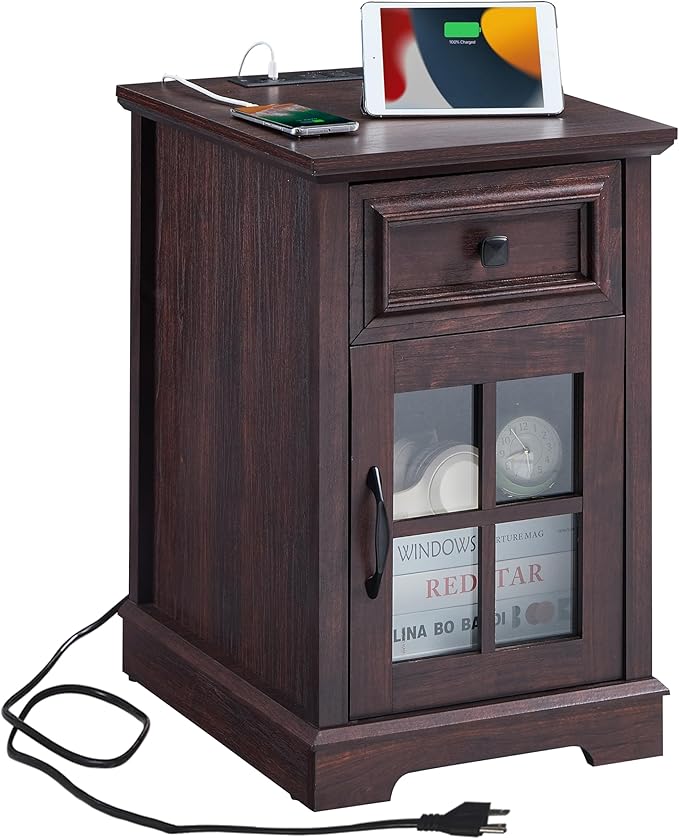 Farmhouse XXL End Table with Charging Station, Side Table with USB Ports and Outlets, Nightstand with Drawer and Glass Door Storage, Cherry Bedside Tables for Living Room, Bedroom, Office