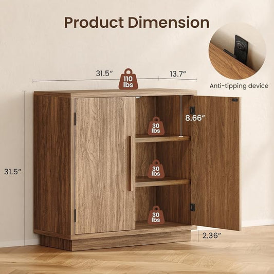 Sideboard Buffet Cabinet, Small Buffet Cabinet with Adjustable Shelf, Modular Wood Credenza Storage Console Table with 2 Magnetic Doors for Entryway, Living Room, Kitchen, Walnut, Brown