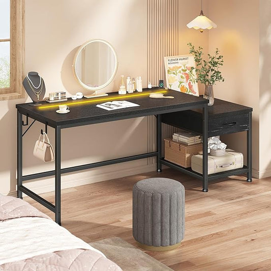 Gaming Desk with Printer Shelf & Storage Shelves,48.1 Inch Computer Desk with LED Lights & Power Outlet,Office Desk with Headphone Hook,Reversible Corner Desk for Bedroom,Black